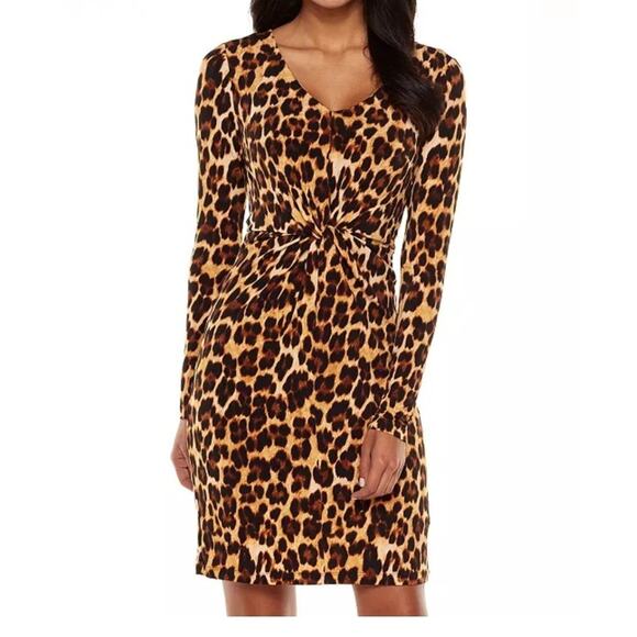 Jennifer Lopez Leopard Print Twist V Neck Stretchy Dress Size XL Cocktail NWT! - Picture 1 of 12